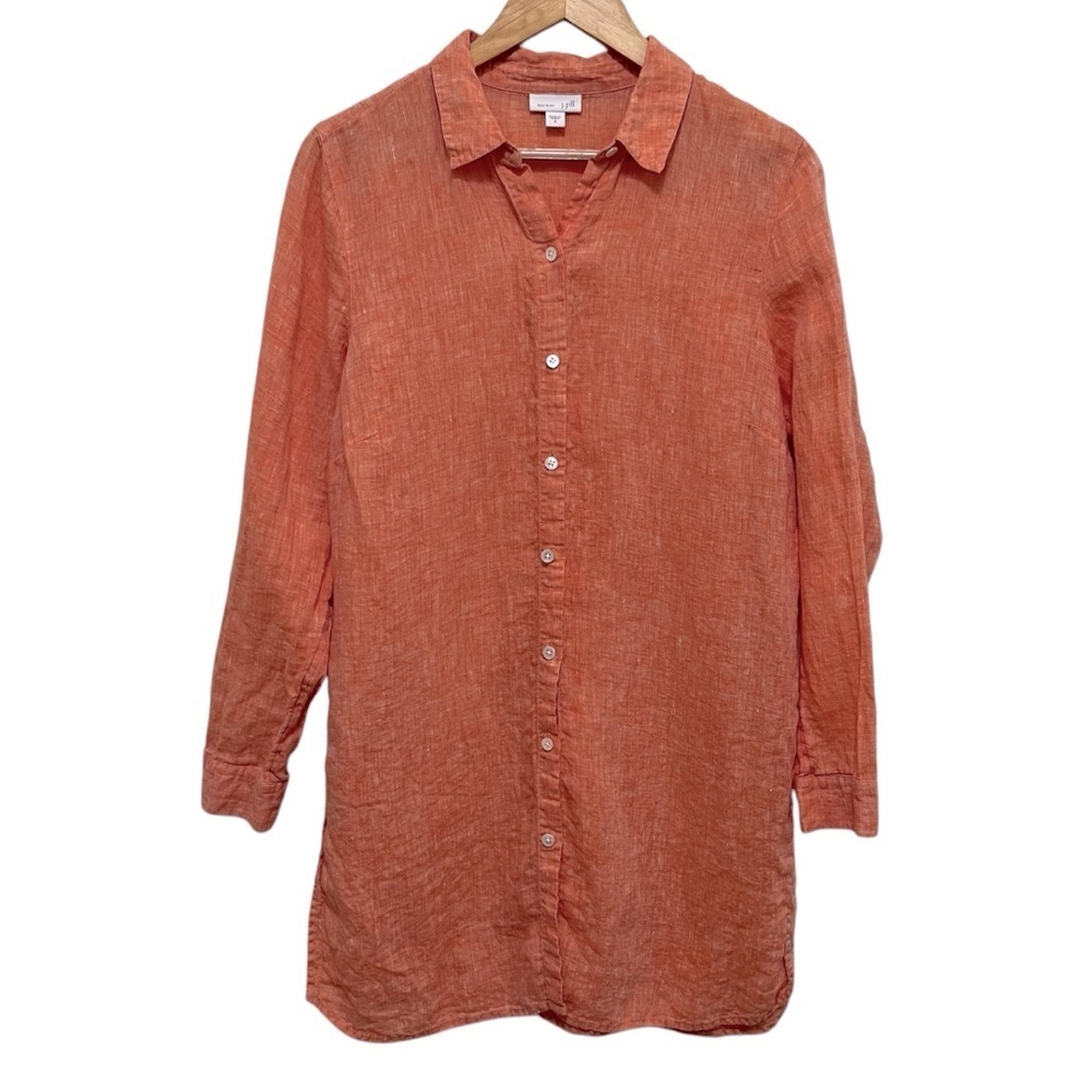 J JILL Love Linen Peach Oran 100% Linen Long Sleeve Button Down Shirt Size M